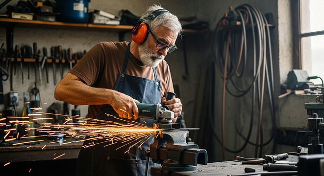 Metalworker using angle grinder creating sparks in workshop