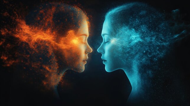 Abstract magnetic forces between two silhouettes, with glowing particles showing attraction.