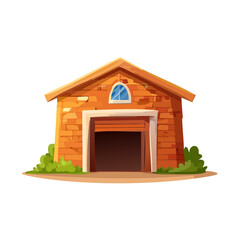 Cartoon garage building with opened door and surrounding bushes in flat style