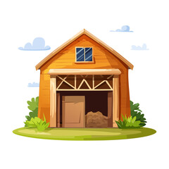 Cartoon Style Wood Barn with Hay and Grass on a Black Background with Clouds
