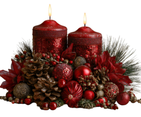 Festive Christmas Candle Arrangement with Red Decorations and Warm Glow