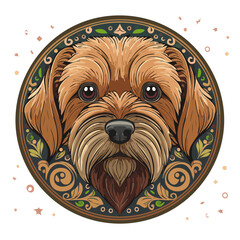 Stylized dog portrait artwork canine illustration in ornate decorative circle