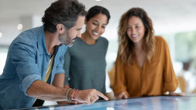 Creative professionals gather around a modern interactive touchscreen table, engaging in collaborative data analysis, fostering innovation and teamwork in a dynamic office environment