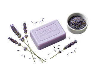 High-angle view of a light purple bar of soap, white bowl of dried lavender, fresh sprigs, and buds on a transparent background with soft lighting. Concept of natural luxury and quality