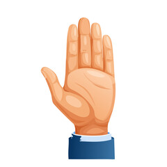 Raised hand palm in cartoon style Stop gesture concept of support assistance