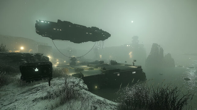 Massive spaceship hovers above misty, futuristic landscape, tethered to orbital elevator platform. scene is illuminated by scattered lights, creating eerie, otherworldly atmosphere