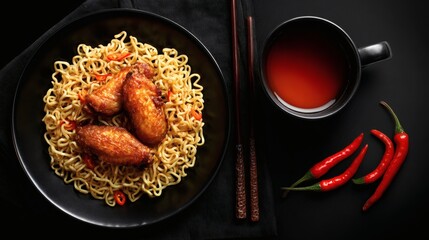 Spicy Instant Noodles with Crispy Chicken Wings, Red Chili and Tea on Black Background, Overhead Food Still Life