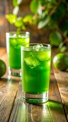 Fototapeta premium Two glasses of vibrant green iced drink on a wooden table