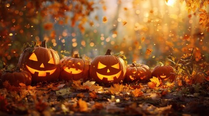 Illuminated jack-o'-lanterns of varying sizes sit amidst a scattering of autumn leaves, bathed in the warm glow of a setting sun