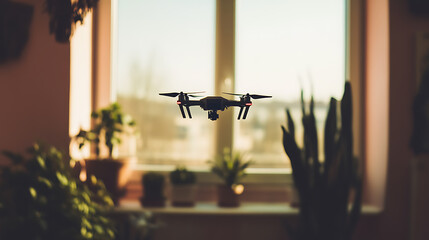 Drone Hovering Indoors Near a Bright Window with Plants