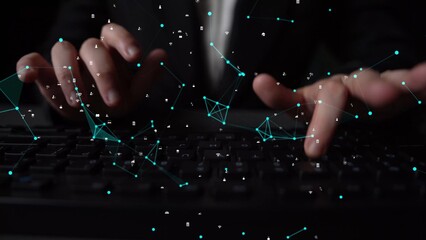 A close-up view of hands typing on a keyboard, enhanced by a digital overlay symbolizing data connections and modern technology, highlighting innovation in communication. Xenic