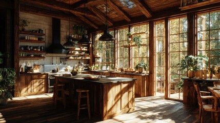 Fototapeta premium cozy rustic kitchen interior with wooden island and warm natural light from windows overlooking trees