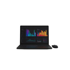 Modern Laptop with Colorful Data Analytics Charts on Screen and Wireless Mouse