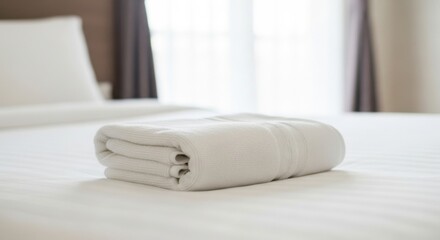 Clean White Hotel Bed with Folded Towels in Modern Bedroom