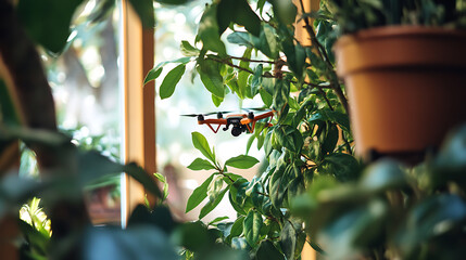 Mini Drone Hovering Among Indoor Plants Near a Window