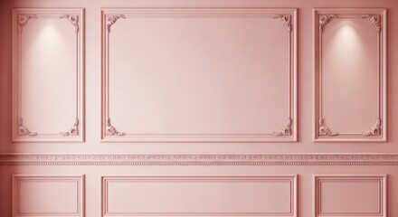 Elegant Pink Decorative Wall Panel with Ornate Molding and Soft Lighting for Interior Design