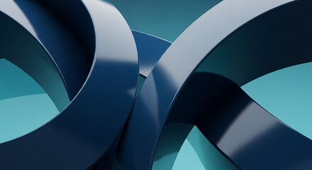 Abstract blue rings intertwining on turquoise background
