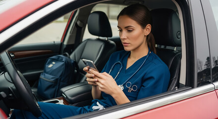 Female doctor using smartphone while sitting in car