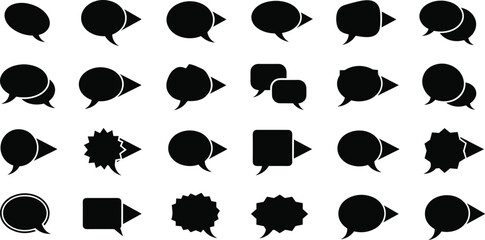 Speech bubble silhouette set — 30 black vector icons with diverse shapes, comic style, dialogue boxes, thought bubbles, design elements