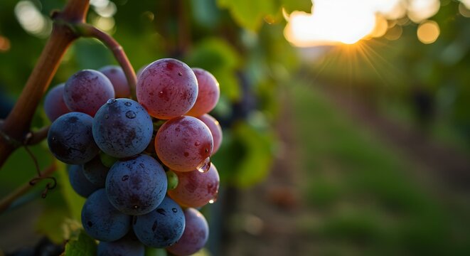 Close up of ripe grapes on the vine at sunset. - Powered by Adobe