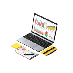 Modern Laptop with Data Analytics Charts, Notebook, and Pens - Isometric View