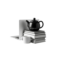 Still Life Teapot, Mug, Books, and Laptop in Monochrome