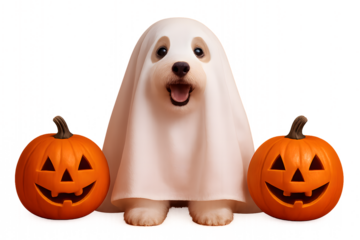 Adorable golden retriever puppy dressed as a cute ghost with a happy expression surrounded by two carved halloween pumpkins isolated on transparent background