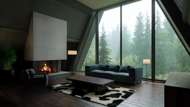 living room with fireplace, rainy forest view, relax nature yt video, endless looped background animation