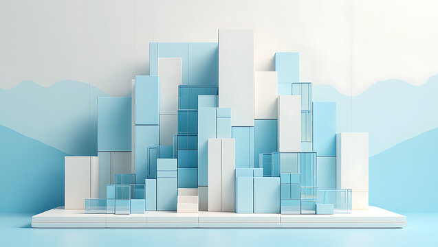 Abstract architectural composition with light blue and white geometric shapes and glass elements, creating a minimalist cityscape