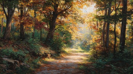 Obraz premium autumnal light a serene forest path bathed in the radiant glow of fall foliage