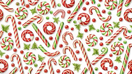A vibrant, repeating pattern of christmas candy canes, peppermint swirls, and festive greenery on a white background