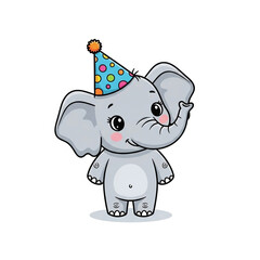 Naklejka premium Adorable cartoon elephant wearing party hat waving hello, perfect for kids' celebrations and joyful designs.