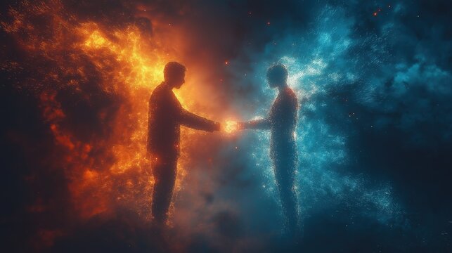 Abstract magnetic forces between two silhouettes, with glowing particles showing attraction.