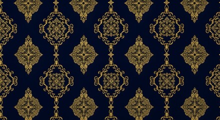 Ornate gold pattern on dark blue background featuring floral and geometric elements repeated across image