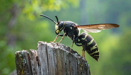 Wasp perched on tree stump