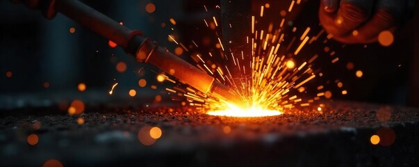 Close-up of glowing hot metal being forged, sparks flying, demonstrating intense heat transfer and thermal energy , light, hammer
