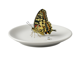 A great nawab butterfly with intricate vibrant wings, on a matte white ceramic plate with a glistening dewdrop, isolated on transparent, pristine beauty