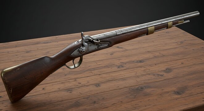 Antique Flintlock Rifle on a Wooden Table.