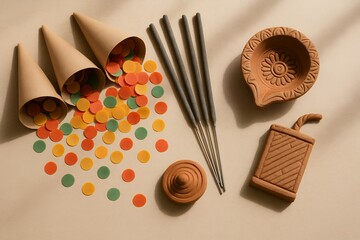 Eco friendly Diwali celebration flat lay with paper confetti cones, sparklers, and handmade clay toys on neutral background, sustainable substitutes for firecrackers