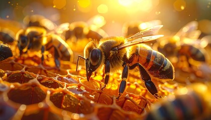 Close-up of honeybees working on a golden honeycomb, highlighting their cooperative behavior and the intricate geometry of the hive.