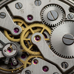 Intricate watch mechanism with golden gears and ruby jewels, precision engineering detail