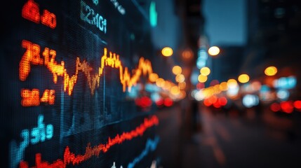 Obraz premium closeup of a large screen displaying financial data with stock market graphs and numbers blurred background of a busy nighttime setting