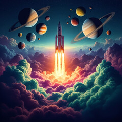Fototapeta premium Dynamic rocket launch ignites vibrant cosmos with planets and swirling nebula clouds