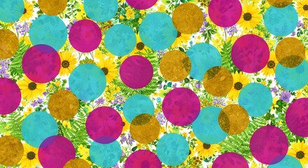 A floral background with sunflowers and other flowers overlaid with colorful translucent circles