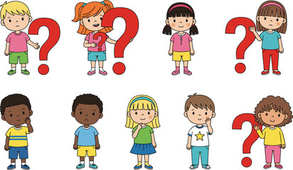Cartoon children with question marks expressing curiosity and confusion, diverse kids in rows, educational concept for problem solving illustration