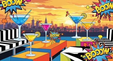 Colorful Comic Style Rooftop Bar Scene with Cocktails and Sunset Sky