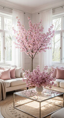 Bring springtime beauty indoors with stunning pink cherry blossoms illuminating a serene living room setting