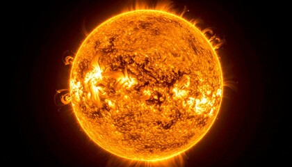 Fiery, detailed view of the Sun with erupting solar flares, swirling prominences, and textured surface glowing in vibrant orange and yellow hues.