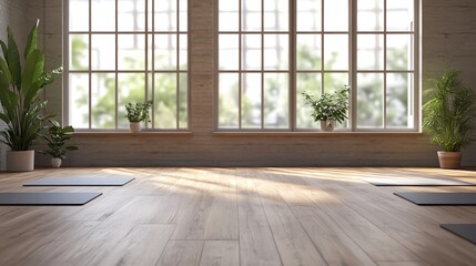 Bright yoga studio with wooden floor and plants.