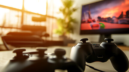 Gaming Controllers in Focus with a Vibrant Game Display in the Background